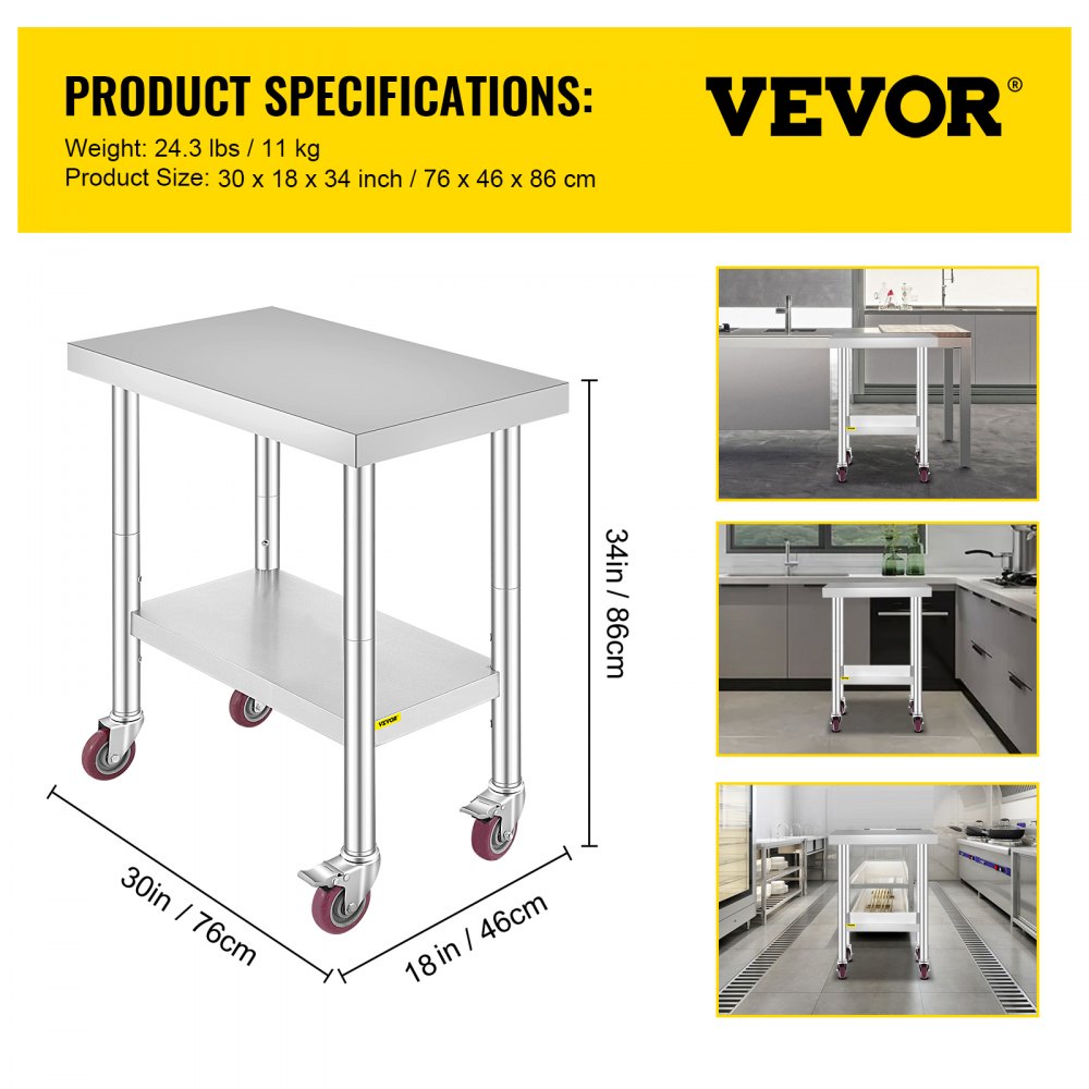 VEVOR Stainless Steel Work Table 30 x 18 x 34 Inch, 700 LBS Load Capacity with 4 Wheels, 3 Adjustable Height Levels, Heavy Duty Food Prep Worktable for Commercial Kitchen Restaurant, Silver