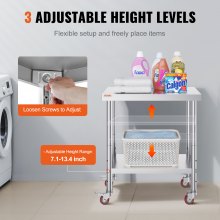 VEVOR 30x18x34 Inch Stainless Steel Work Table 3-Stage Adjustable Shelf with 4 Wheels Heavy Duty Commercial Food Prep Worktable with Brake for Kitchen Prep Work