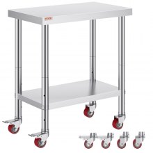 VEVOR Stainless Steel Catering Work Table 30x18 Inch Commercial Kitchen Table with 4 Wheels Commercial Food Prep Workbench with Flexible Adjustment Shelf for Kitchen Prep Table