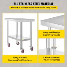 VEVOR Rustfrit stål Catering arbejdsbord 30x18 tommer kommercielt køkkenbord med 4 hjul Kommercielt madlavningsbord med fleksibel justering af hylde til køkkenbord