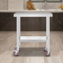 VEVOR Stainless Steel Catering Arbeidsbord 30x18 tommer Kommersielt kjøkkenbord med 4 hjul Kommersiell matforberedende arbeidsbenk med fleksibel justering Hylle for kjøkkenbord