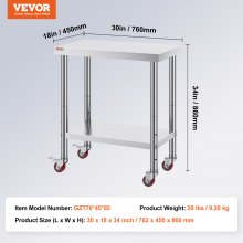 VEVOR Stainless Steel Catering Work Table 30x18 Inch Commercial Kitchen Table with 4 Wheels Commercial Food Prep Workbench With Flexible Adjustment Shelf for Kitchen Prep Table