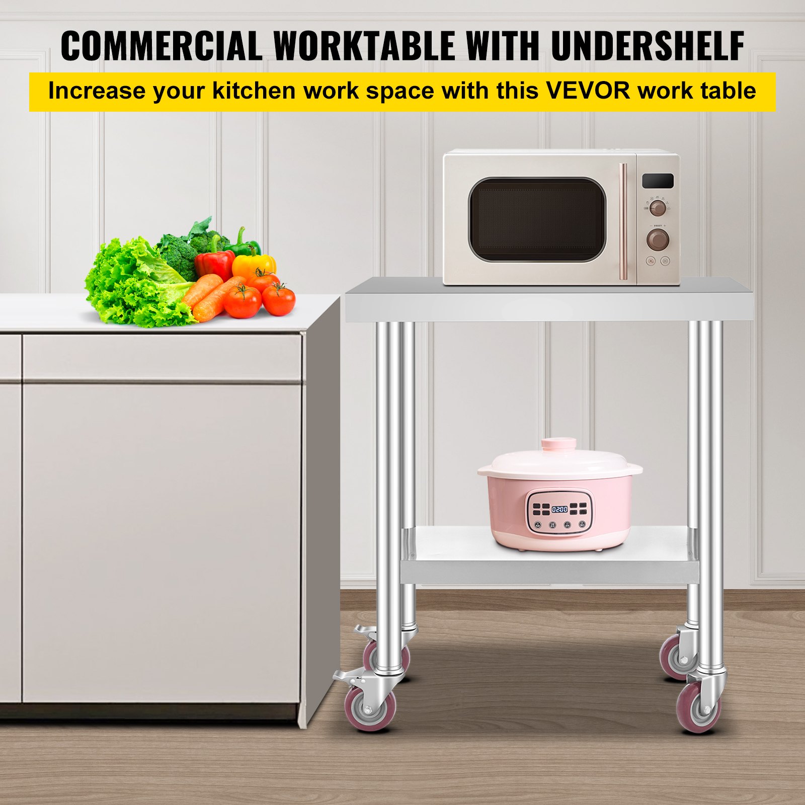 VEVOR Stainless Steel Work Table 30 x 18 x 34 Inch, 700 LBS Load Capacity with 4 Wheels, 3 Adjustable Height Levels, Heavy Duty Food Prep Worktable for Commercial Kitchen Restaurant, Silver