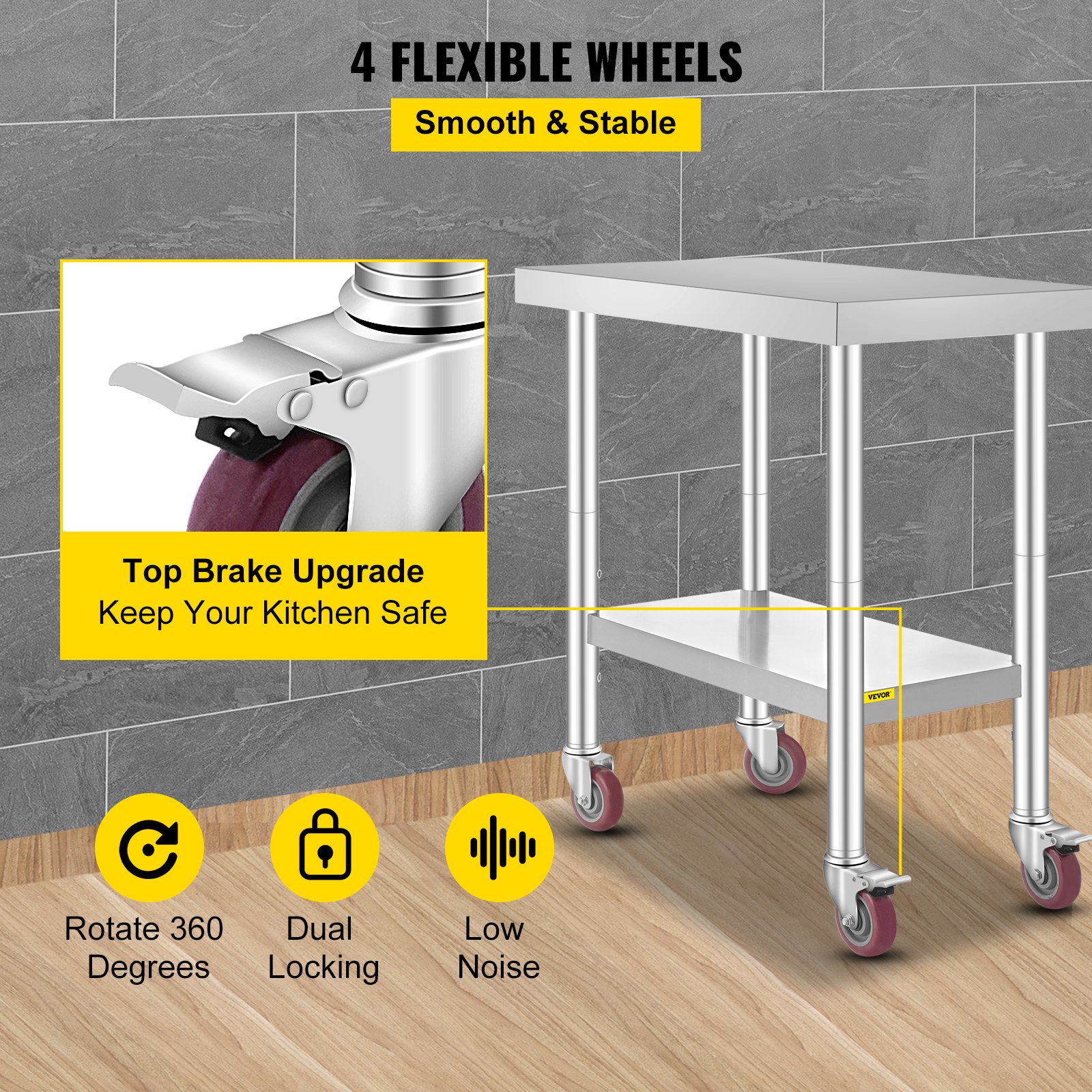 VEVOR Stainless Steel Work Table 30 x 18 x 34 Inch, 700 LBS Load Capacity with 4 Wheels, 3 Adjustable Height Levels, Heavy Duty Food Prep Worktable for Commercial Kitchen Restaurant, Silver