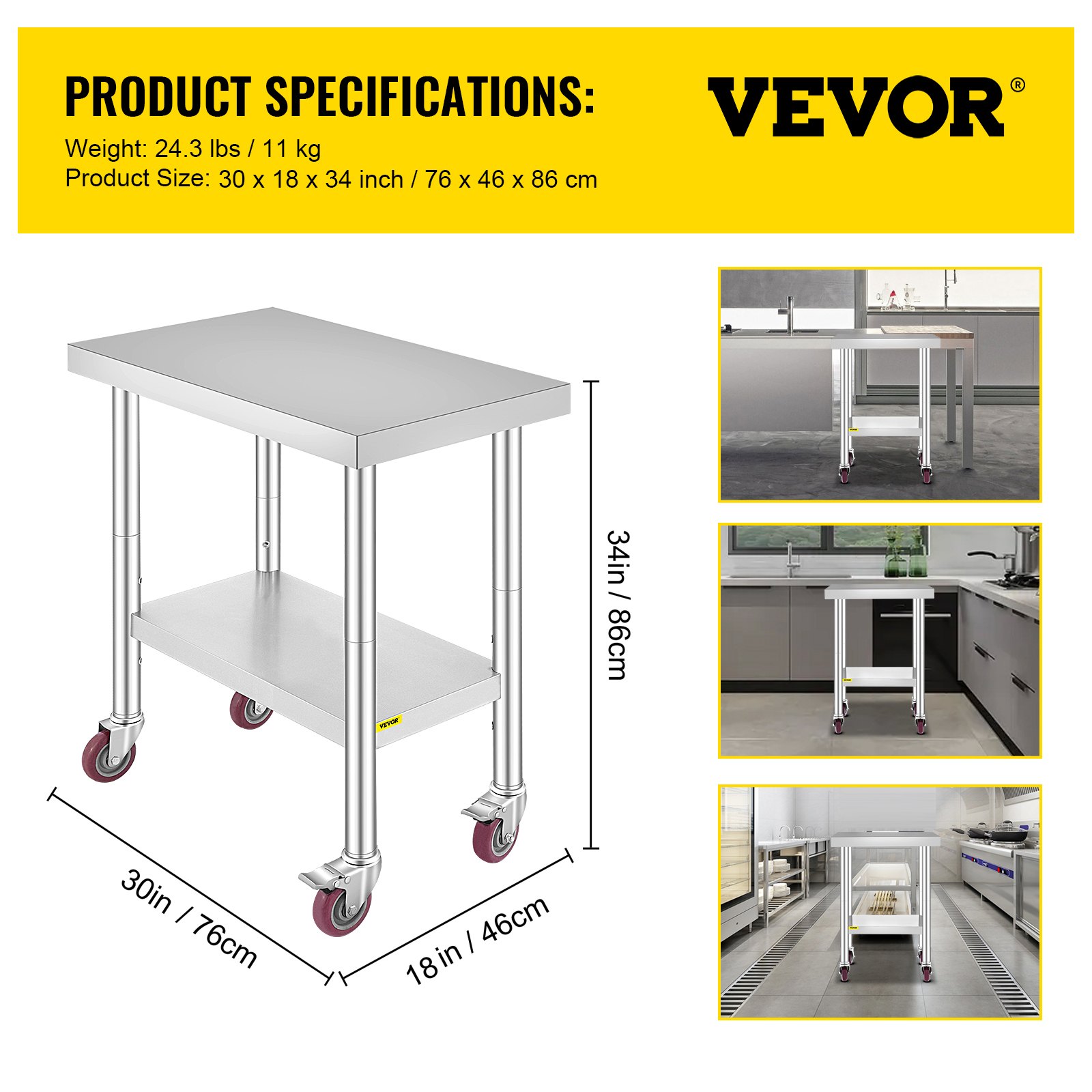 VEVOR Stainless Steel Work Table 30 x 18 x 34 Inch, 700 LBS Load Capacity with 4 Wheels, 3 Adjustable Height Levels, Heavy Duty Food Prep Worktable for Commercial Kitchen Restaurant, Silver