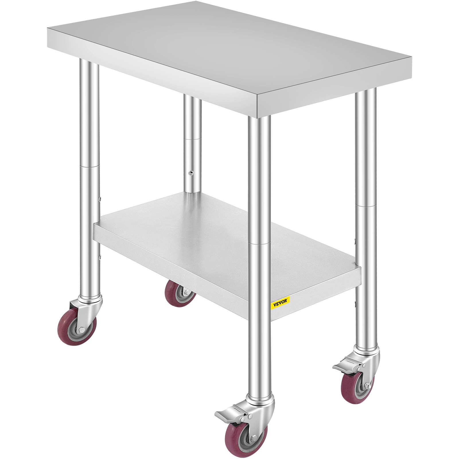 VEVOR Stainless Steel Work Table 30 x 18 x 34 Inch, 700 LBS Load Capacity with 4 Wheels, 3 Adjustable Height Levels, Heavy Duty Food Prep Worktable for Commercial Kitchen Restaurant, Silver