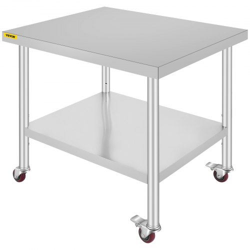 VEVOR Stainless Steel Catering Work Table 30x36 Inch Commercial Kitchen Table with 4 Wheels Commercial Food Prep Workbench with Flexible Adjustment Shelf for Kitchen Prep Table