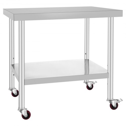 VEVOR 30x36x34 Inch Stainless Steel Work Table 3-Stage Adjustable Shelf with 4 Wheels Heavy Duty Commercial Food Prep Worktable with Brake for Kitchen Prep Work 220 lb Capacity