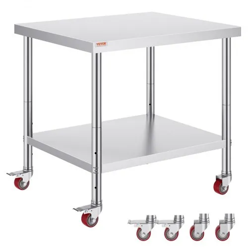 VEVOR Stainless Steel Work Table 36 x 30 x 34 Inch, 700 LBS Load Capacity with 4 Wheels, 3 Adjustable Height Levels, Heavy Duty Food Prep Worktable for Commercial Kitchen Restaurant, Silver