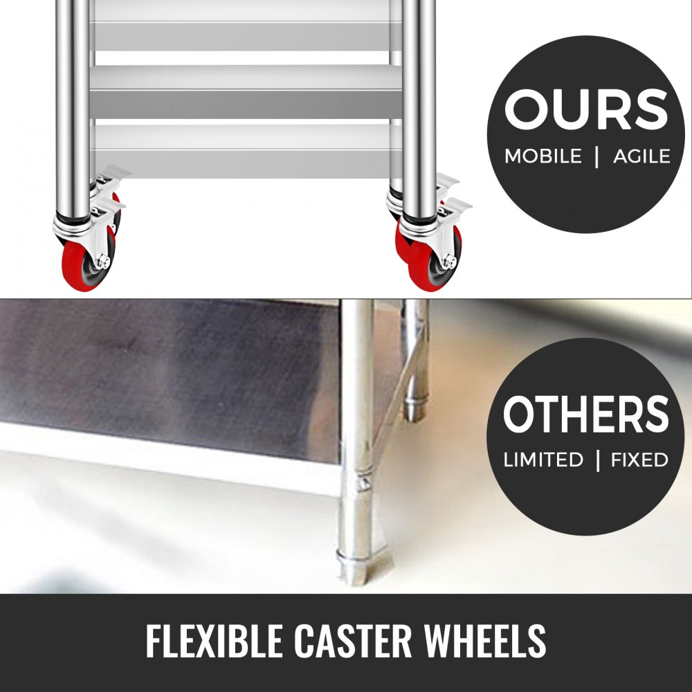 VEVOR Stainless Steel Work Table 36 x 30 x 34 Inch, 700 LBS Load Capacity with 4 Wheels, 3 Adjustable Height Levels, Heavy Duty Food Prep Worktable for Commercial Kitchen Restaurant, Silver