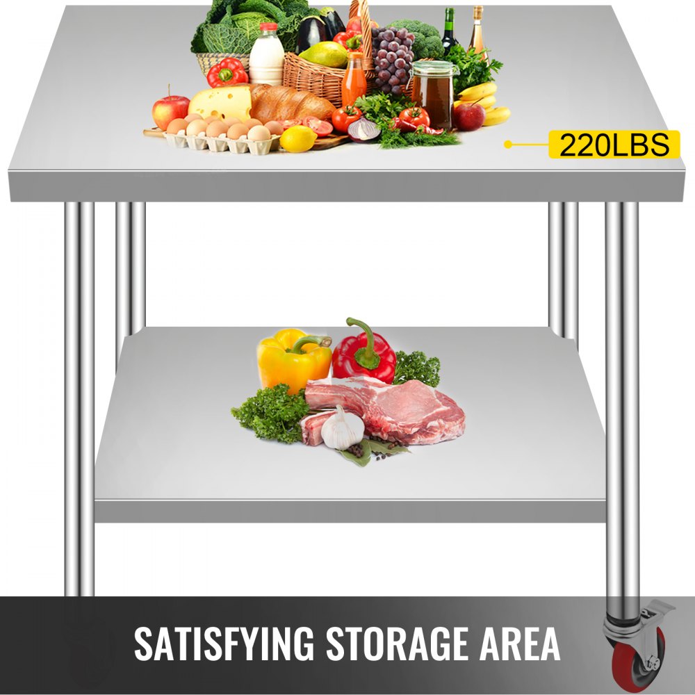 VEVOR Stainless Steel Work Table 36 x 30 x 34 Inch, 700 LBS Load Capacity with 4 Wheels, 3 Adjustable Height Levels, Heavy Duty Food Prep Worktable for Commercial Kitchen Restaurant, Silver