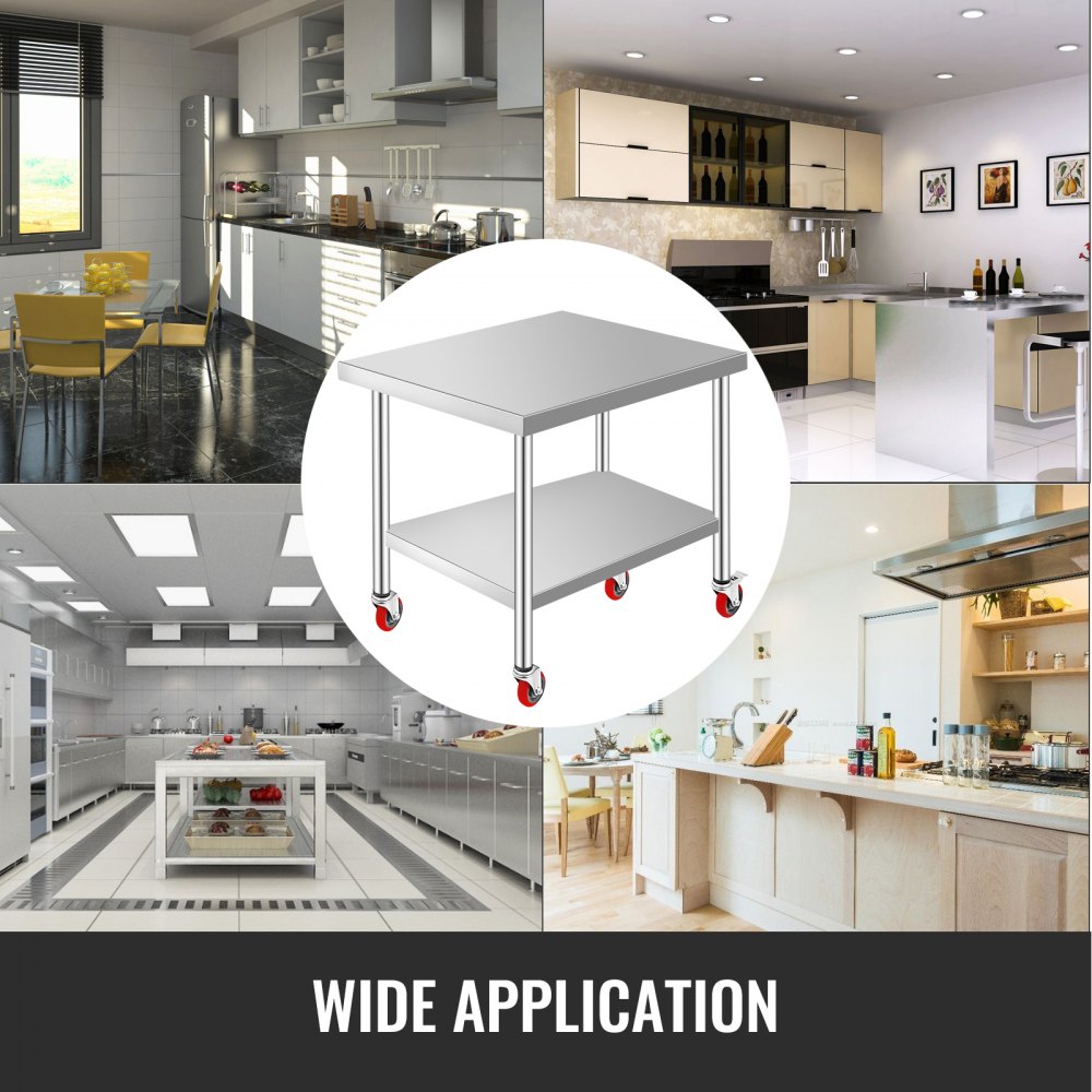 VEVOR Stainless Steel Work Table 36 x 30 x 34 Inch, 700 LBS Load Capacity with 4 Wheels, 3 Adjustable Height Levels, Heavy Duty Food Prep Worktable for Commercial Kitchen Restaurant, Silver