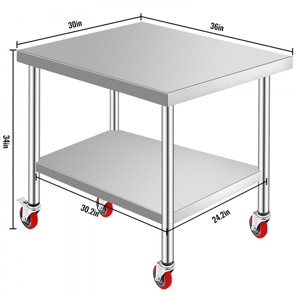 VEVOR Stainless Steel Work Table 36 x 30 x 34 Inch, 700 LBS Load Capacity with 4 Wheels, 3 Adjustable Height Levels, Heavy Duty Food Prep Worktable for Commercial Kitchen Restaurant, Silver