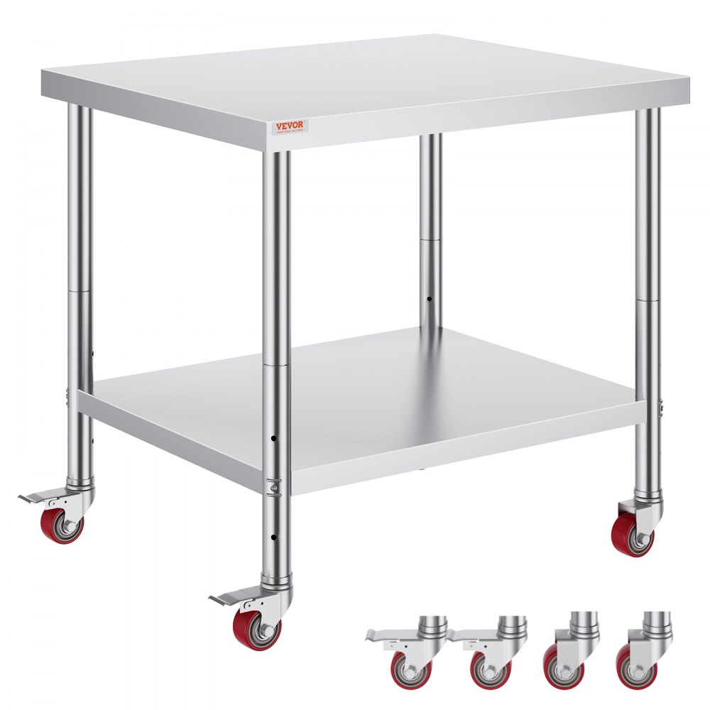 VEVOR stainless steel work table with caster wheels for easy mobility and an undershelf.