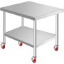 VEVOR ruostumattomasta teräksestä valmistettu työpöytä 36 x 30 x 34 tuumaa, 700 paunan kantavuus 4 pyörällä, 3 säädettävää korkeustasoa, raskaaseen käyttöön tarkoitettu ruoanvalmistuspöytä kaupalliseen keittiöravintolaan, hopea
