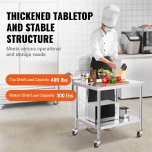 VEVOR Stainless Steel Catering Work Table 30x36 Inch Commercial Kitchen Table with 4 Wheels Commercial Food Prep Workbench with Flexible Adjustment Shelf for Kitchen Prep Table