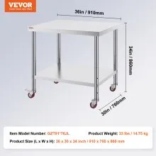 VEVOR Stainless Steel Catering Work Table 30x36 Inch Commercial Kitchen Table with 4 Wheels Commercial Food Prep Workbench with Flexible Adjustment Shelf for Kitchen Prep Table