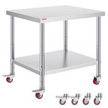 VEVOR 30x36x34 Inch Stainless Steel Work Table 3-Stage Adjustable Shelf with 4 Wheels Heavy Duty Commercial Food Prep Worktable with Brake for Kitchen Prep Work 220 lb Capacity