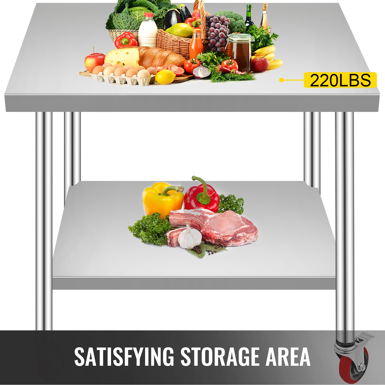 VEVOR Stainless Steel Work Table 36 x 30 x 34 Inch, 700 LBS Load Capacity with 4 Wheels, 3 Adjustable Height Levels, Heavy Duty Food Prep Worktable for Commercial Kitchen Restaurant, Silver