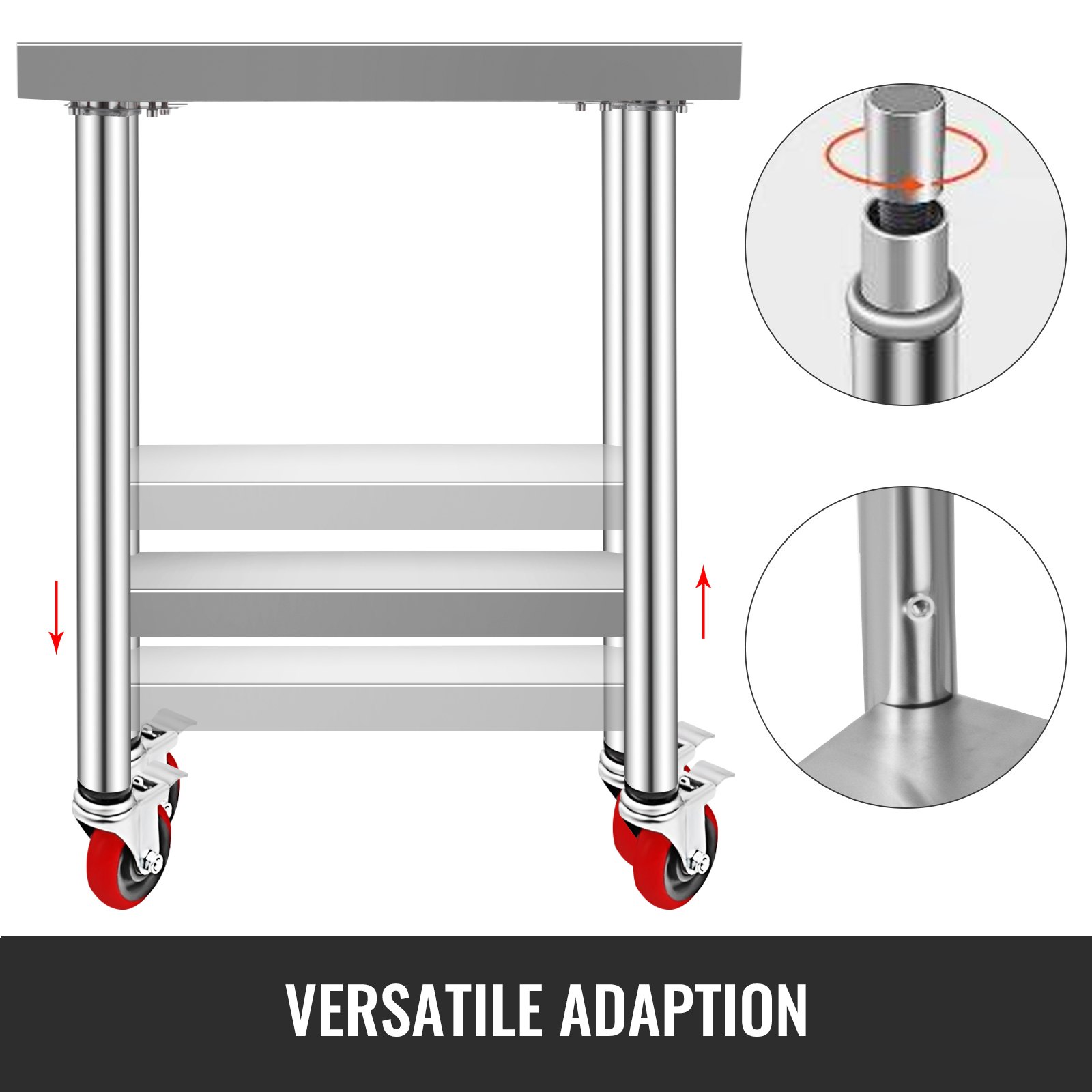 VEVOR Stainless Steel Work Table 36 x 30 x 34 Inch, 700 LBS Load Capacity with 4 Wheels, 3 Adjustable Height Levels, Heavy Duty Food Prep Worktable for Commercial Kitchen Restaurant, Silver