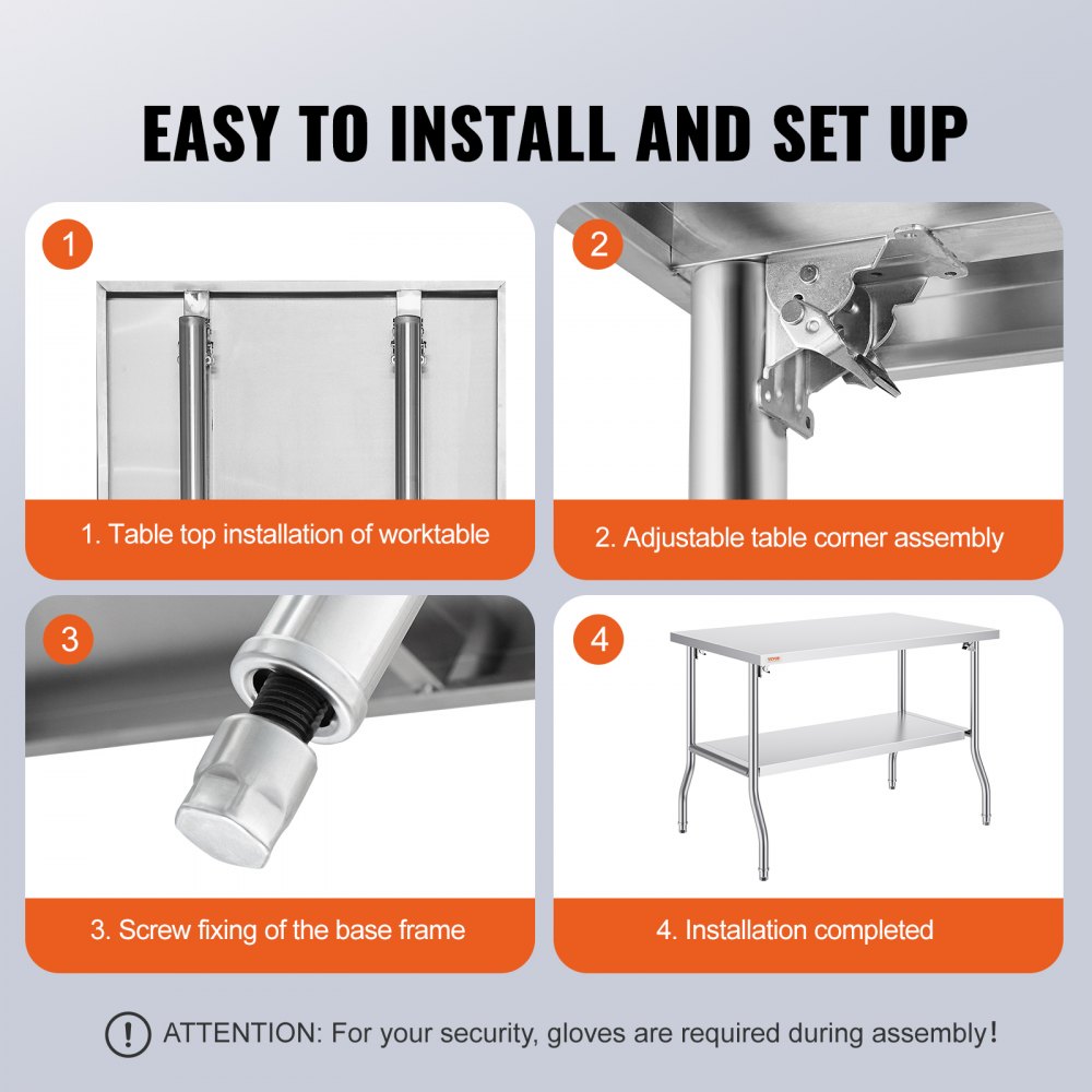 VEVOR Folding Commercial Prep Table, 48 x 30 Inch Commercial Worktable Workstation with Undershelf, Heavy-duty Stainless Steel Folding Table, for Home Kitchen Restaurant Garage