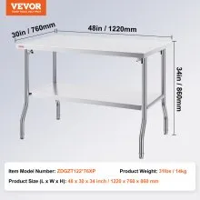 VEVOR Commercial Worktable Workstation 48x30 Inch Folding Commercial Prep Table, Double-Shelf Stainless Steel Folding Table, Kitchen Work Table with 772 lbs Load Silver Stainless Steel Kitchen Island