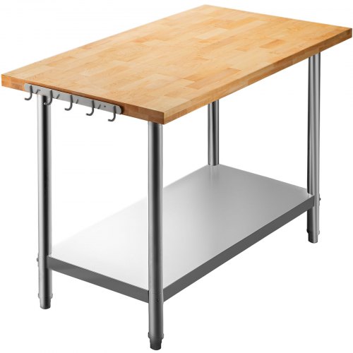 VEVOR Maple Top Work Table, Stainless Steel Kitchen Prep Table Wood, 36 x 24 Inches Metal Kitchen Table with Lower Shelf and Feet Stainless Steel Table for Prep & Work Outdoor Prep Table for Kitchen
