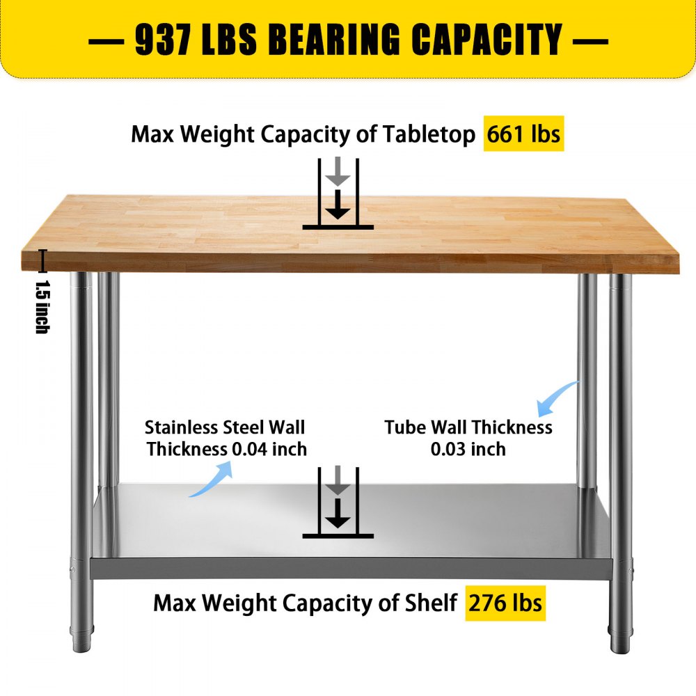 VEVOR Maple Top Work Table, Stainless Steel Kitchen Prep Table Wood, 36 x 30 Inches Metal Kitchen Table with Lower Shelf and Feet Stainless Steel Table for Prep & Work Outdoor Prep Table for Kitchen