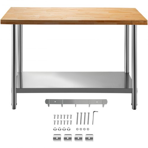 VEVOR Maple Top Work Table, Stainless Steel Kitchen Prep Table Wood, 48 x 24 Inches Metal Kitchen Table with Lower Shelf and Feet Stainless Steel Table for Prep & Work Outdoor Prep Table for Kitchen