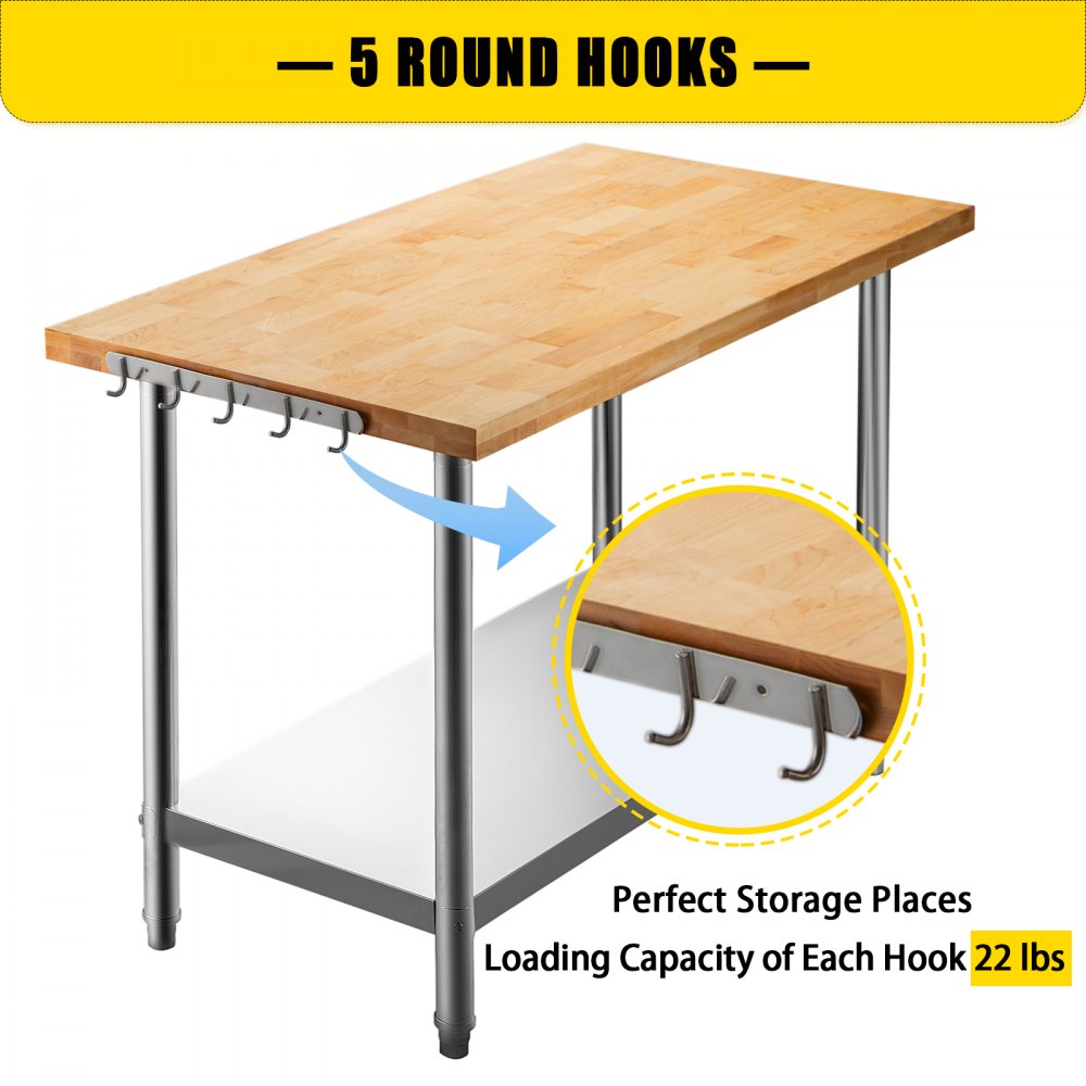 VEVOR Maple Top Work Table, Stainless Steel Kitchen Prep Table Wood, 48 x 24 Inches Metal Kitchen Table with Lower Shelf and Feet Stainless Steel Table for Prep & Work Outdoor Prep Table for Kitchen