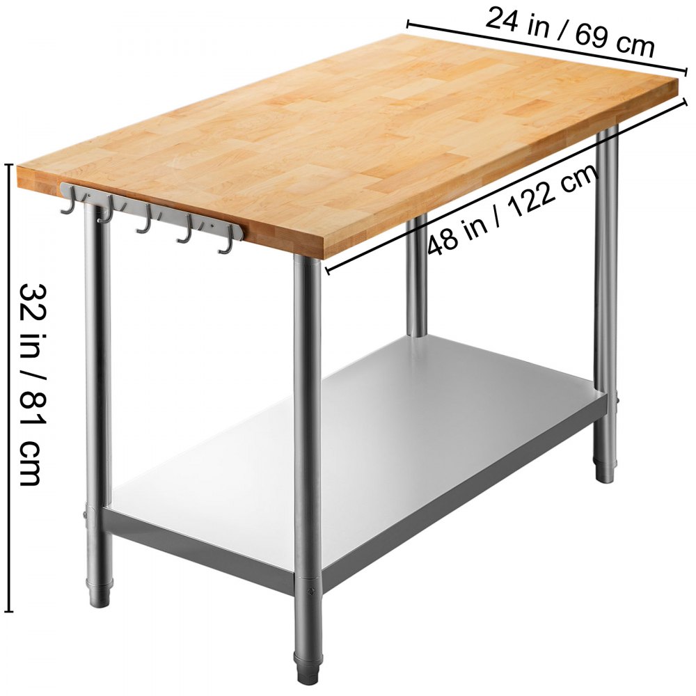 VEVOR Maple Top Work Table, Stainless Steel Kitchen Prep Table Wood, 48 x 24 Inches Metal Kitchen Table with Lower Shelf and Feet Stainless Steel Table for Prep & Work Outdoor Prep Table for Kitchen
