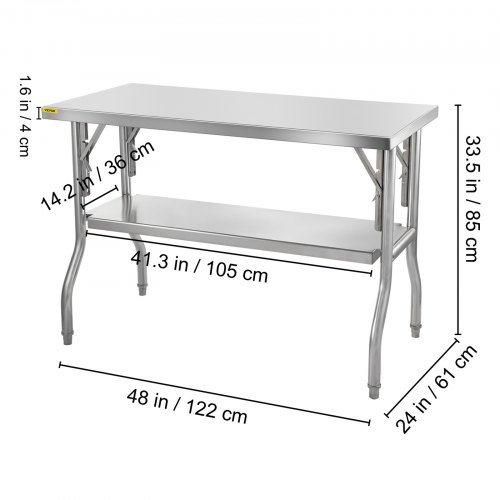 VEVOR Commercial Worktable Workstation 48 x 24 Inch Folding Commercial Prep Table, Heavy-duty Stainless Steel Folding Table with 772 lbs Load, Kitchen Work Table, Silver Stainless Steel Kitchen Island