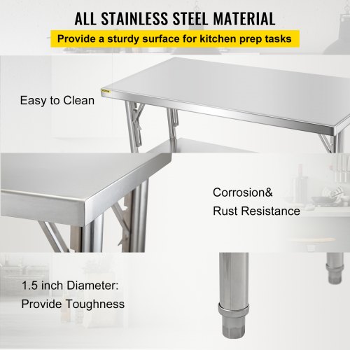 VEVOR Commercial Worktable Workstation 48 x 24 Inch Folding Commercial Prep Table, Heavy-duty Stainless Steel Folding Table with 772 lbs Load, Kitchen Work Table, Silver Stainless Steel Kitchen Island