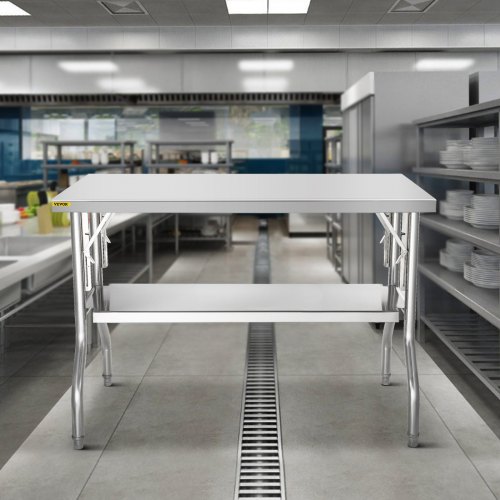 VEVOR Commercial Worktable Workstation 48 x 24 Inch Folding Commercial Prep Table, Heavy-duty Stainless Steel Folding Table with 772 lbs Load, Kitchen Work Table, Silver Stainless Steel Kitchen Island
