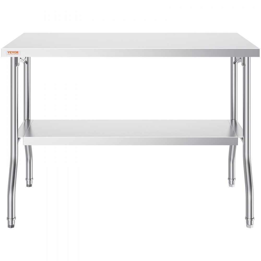 VEVOR commercial worktable with stainless steel top and lower storage shelf.