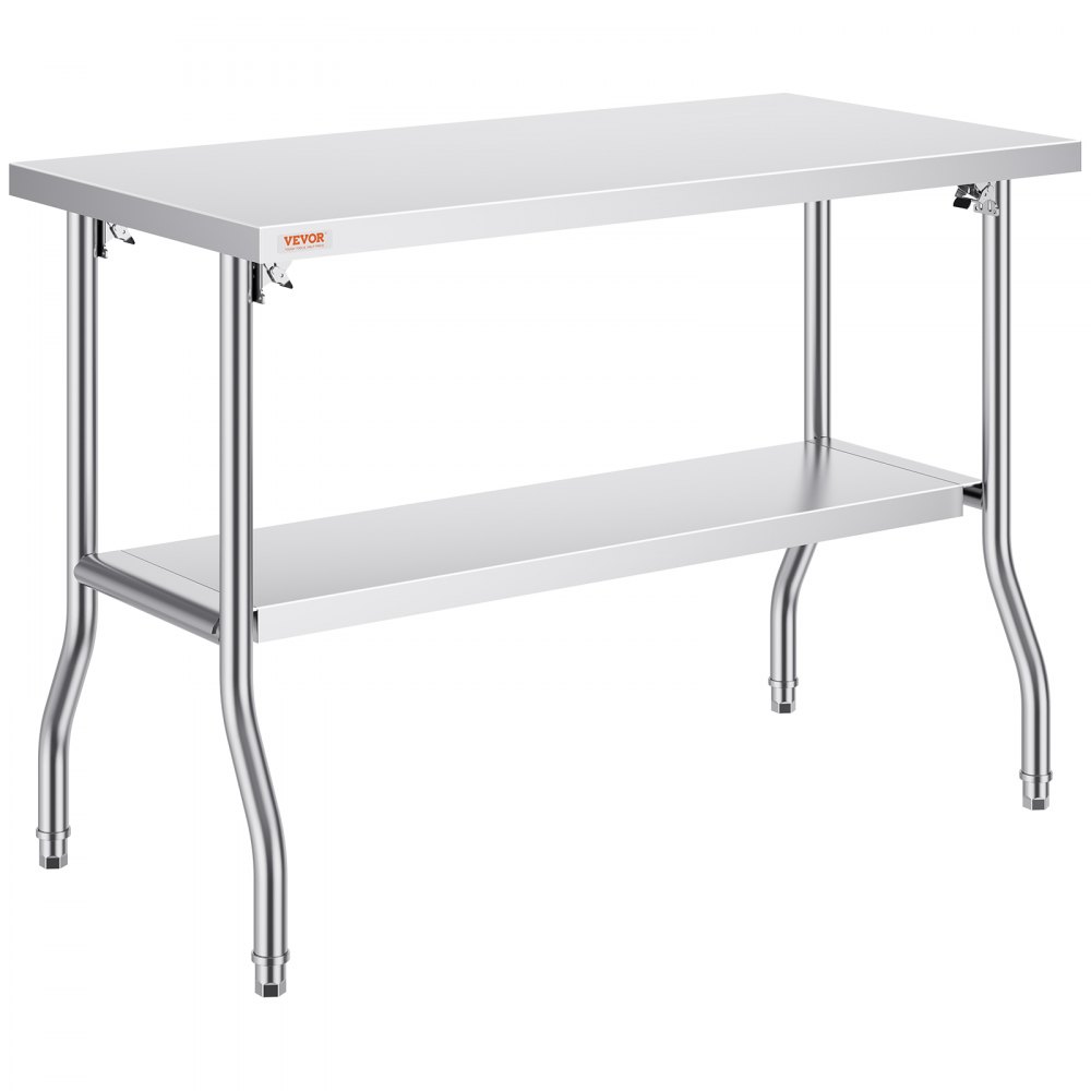 VEVOR commercial worktable with undershelf and stainless steel legs.