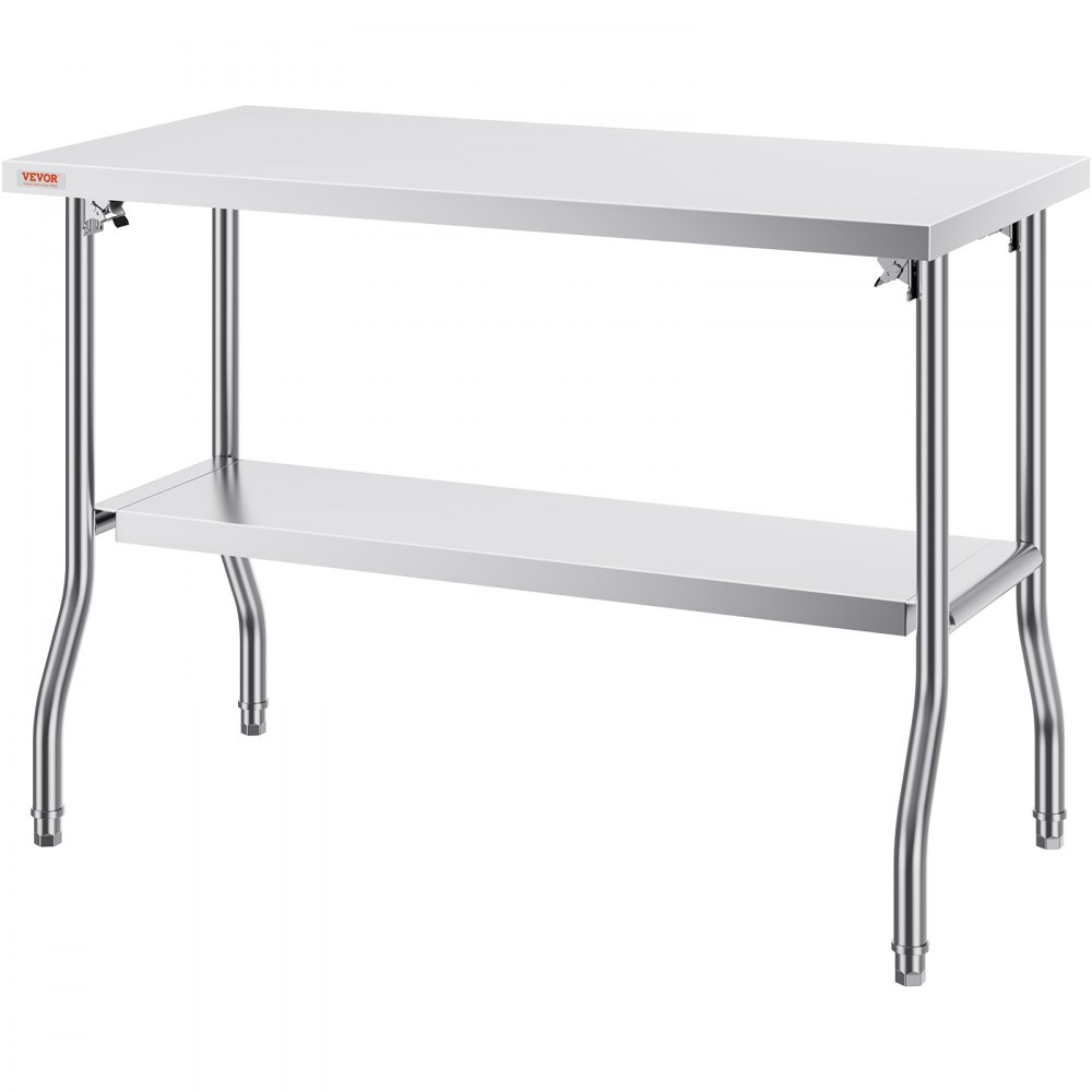 VEVOR commercial worktable with bottom shelf, stainless steel, sturdy, and easy to clean.