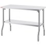 VEVOR commercial worktable with bottom shelf, stainless steel, sturdy, and easy to clean.