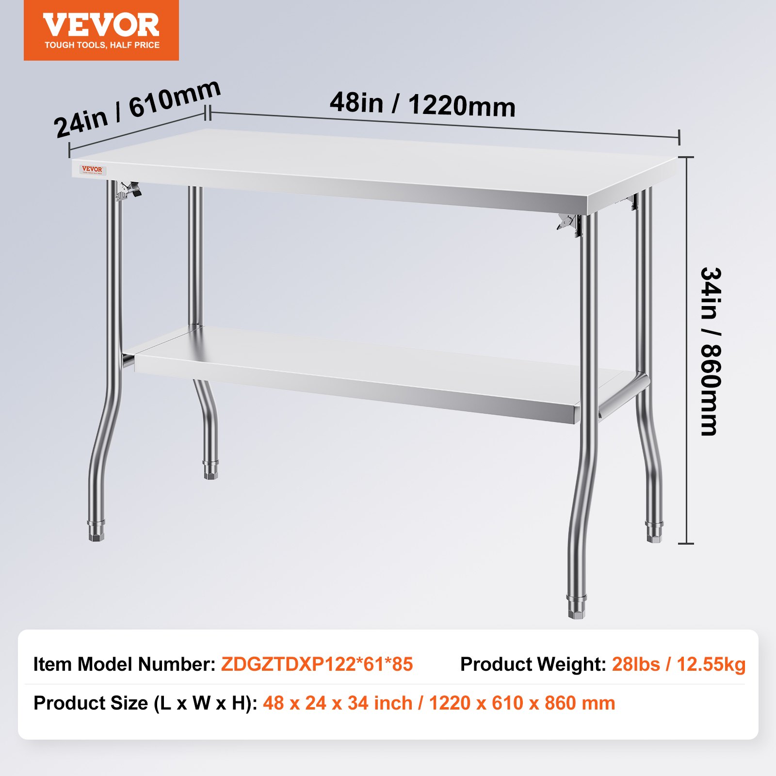 VEVOR commercial worktable with dimensions and weight displayed