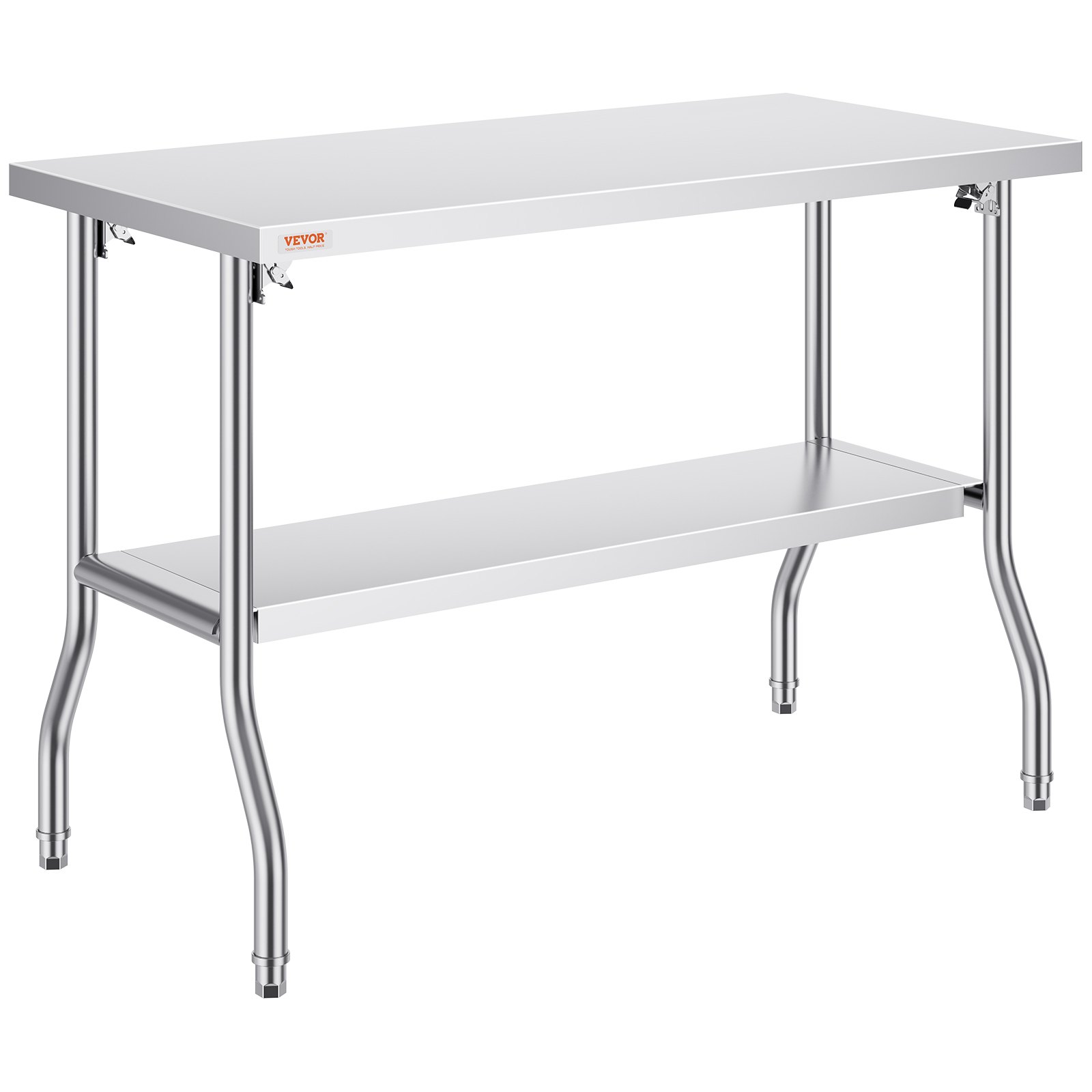 VEVOR commercial worktable with undershelf and stainless steel legs.