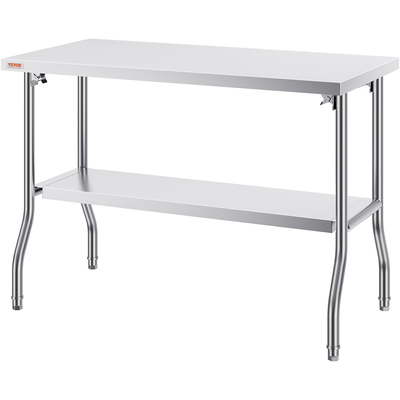 VEVOR commercial worktable with bottom shelf, stainless steel, sturdy, and easy to clean.