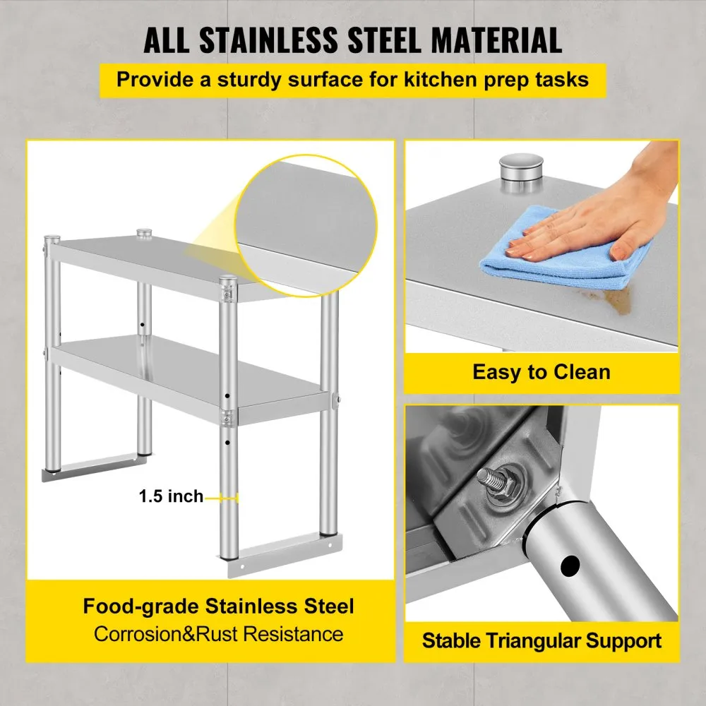VEVOR double overshelf: stainless steel, easy to clean, stable triangular support.