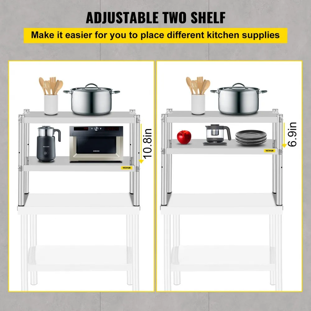 adjustable VEVOR double overshelf with kitchen supplies, showcasing 10.8in and 6.9in heights.
