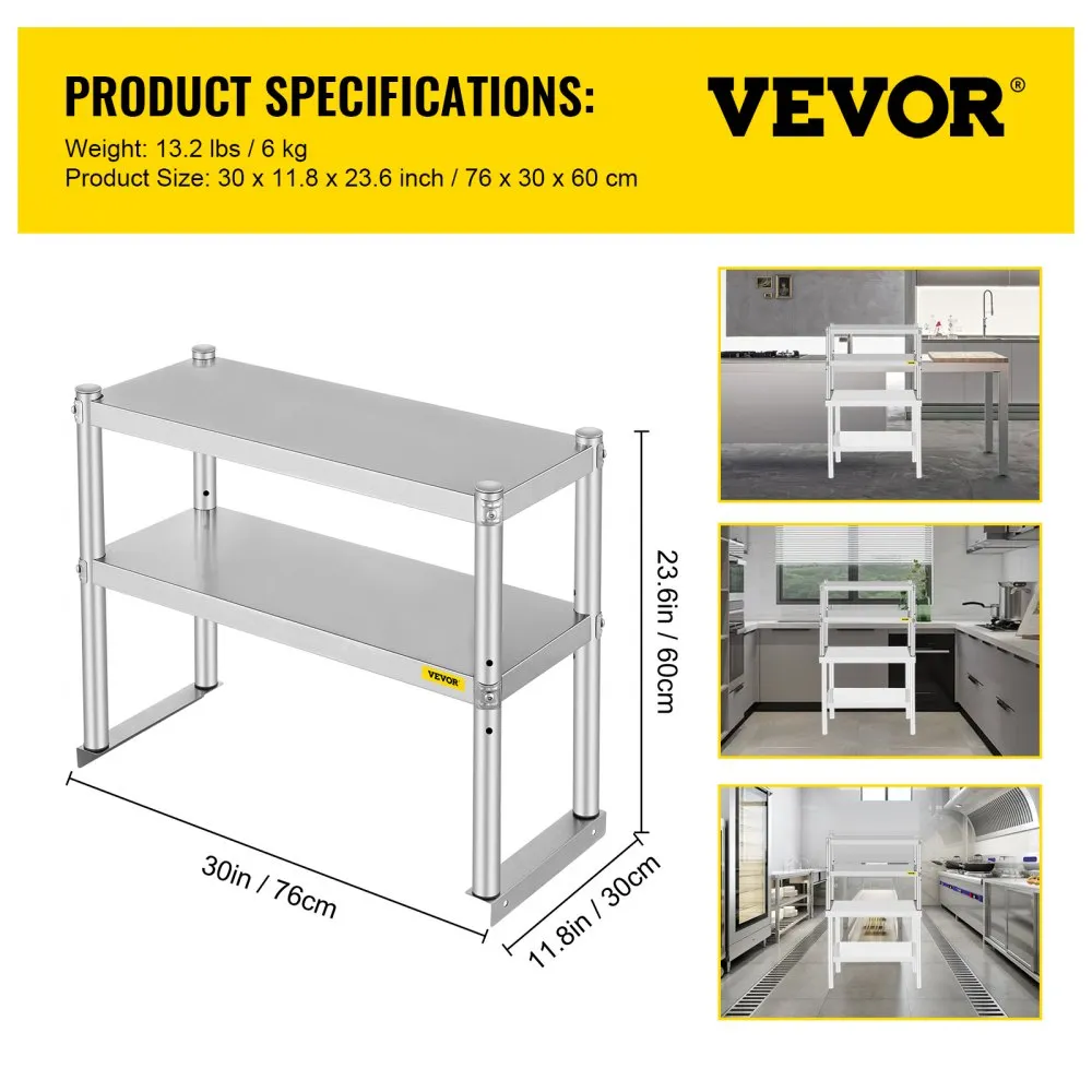 VEVOR double overshelf, 23.6in height, 30in length, 11.8in width, stainless steel.
