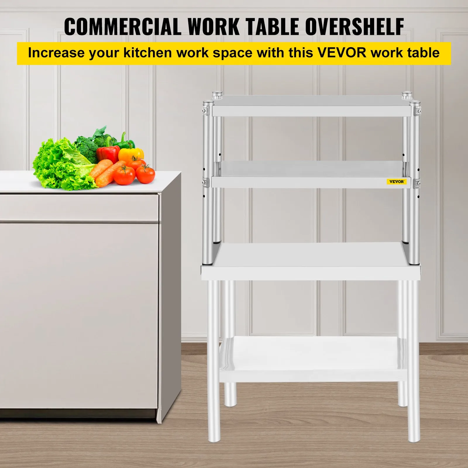 VEVOR double overshelf kitchen work table with vibrant vegetables nearby.