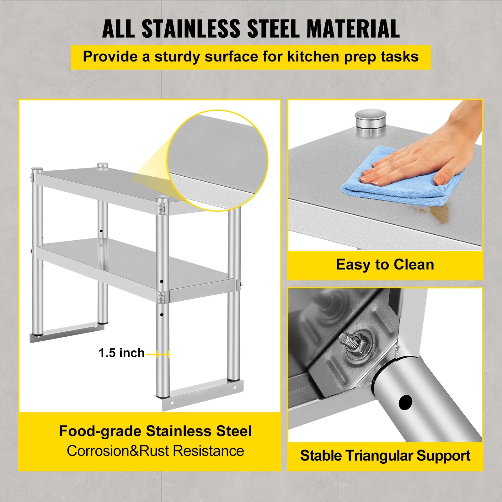 VEVOR double overshelf: stainless steel, easy to clean, stable triangular support.