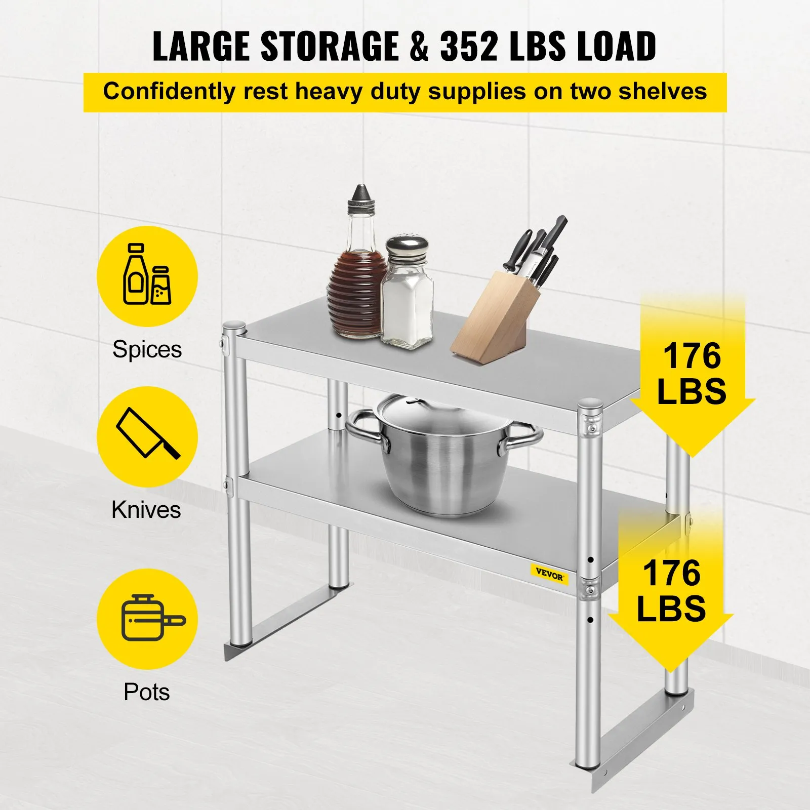 VEVOR double overshelf: spices, knife block, pot on two heavy-duty shelves.