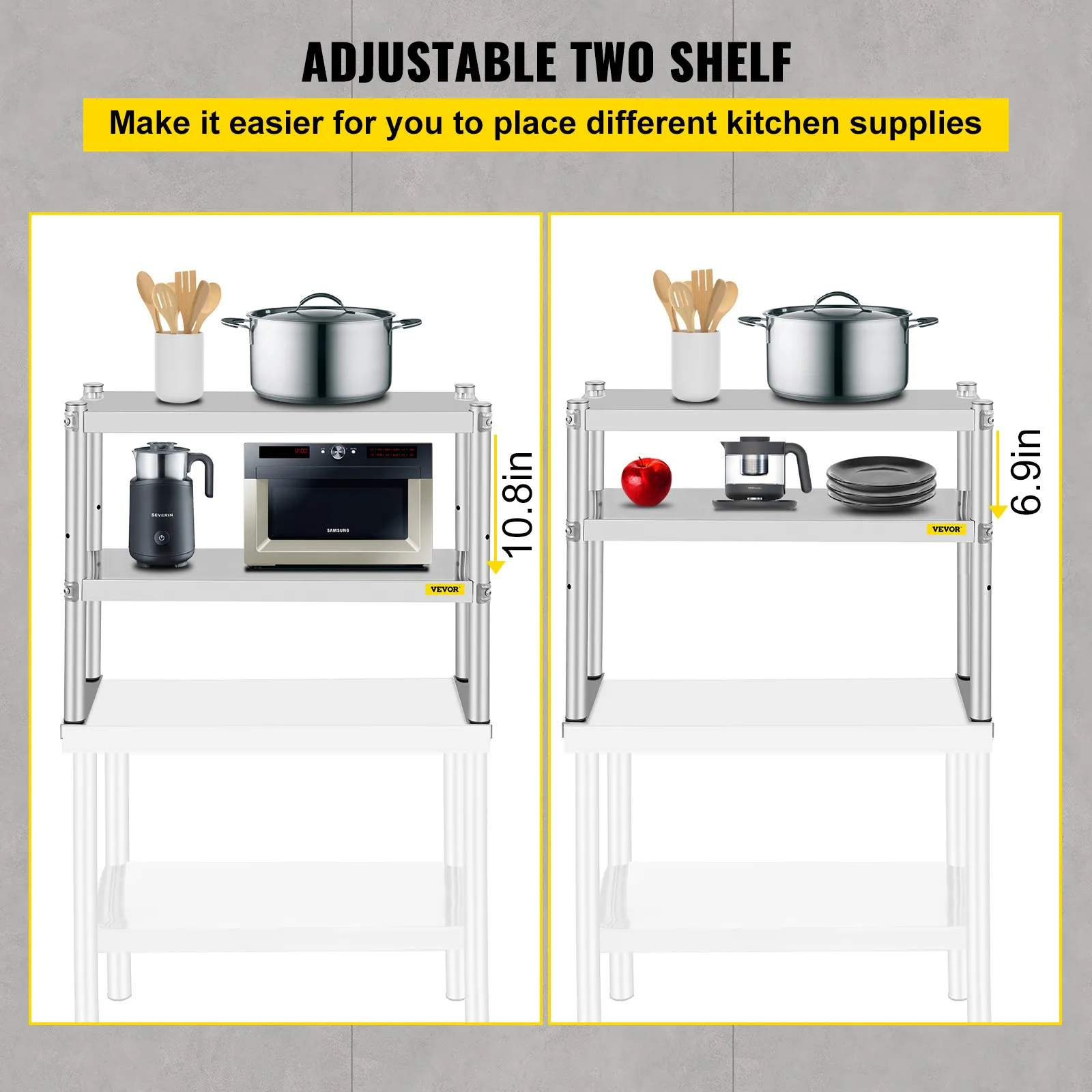 adjustable VEVOR double overshelf with kitchen supplies, showcasing 10.8in and 6.9in heights.