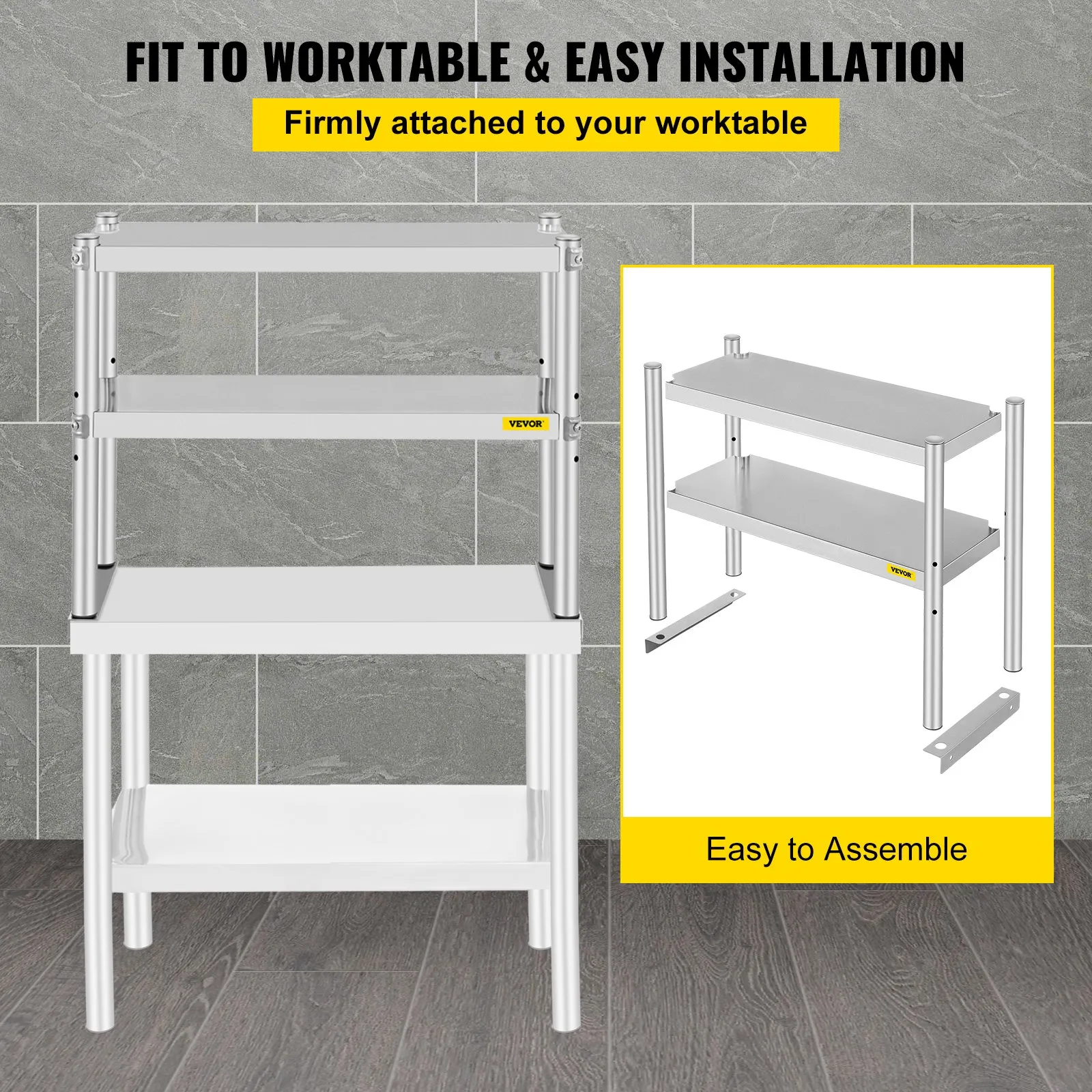 VEVOR double overshelf, attaches to worktable, easy installation, stainless steel.
