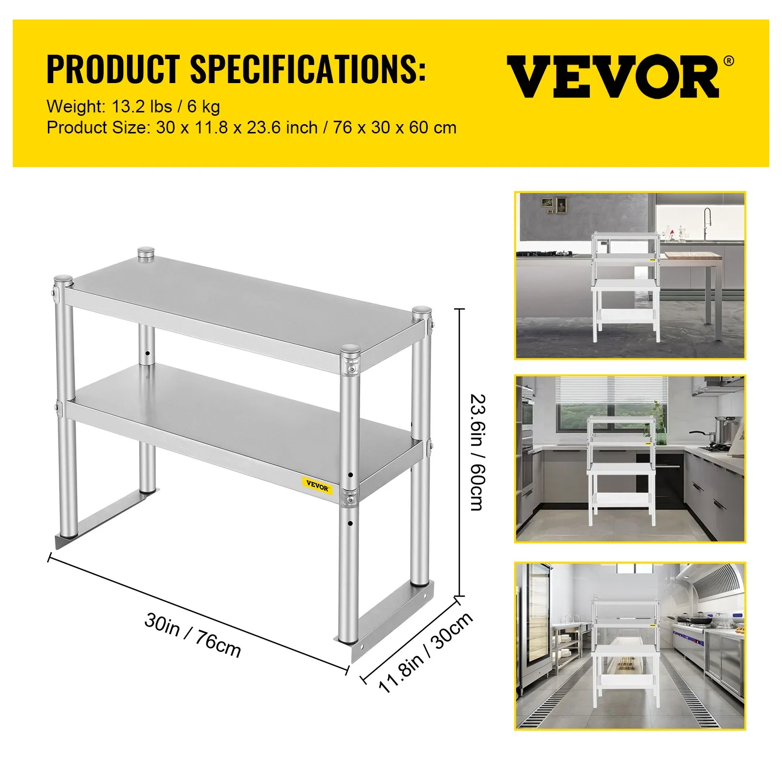 VEVOR double overshelf, 23.6in height, 30in length, 11.8in width, stainless steel.